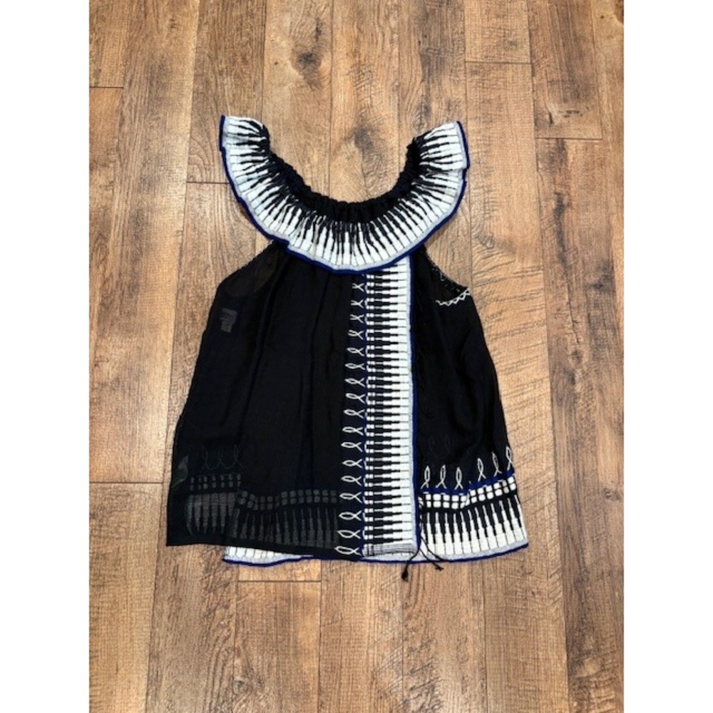 Lemlem by Liya Kebede Black Embroidered Ruffle Neck Sleeveless Top